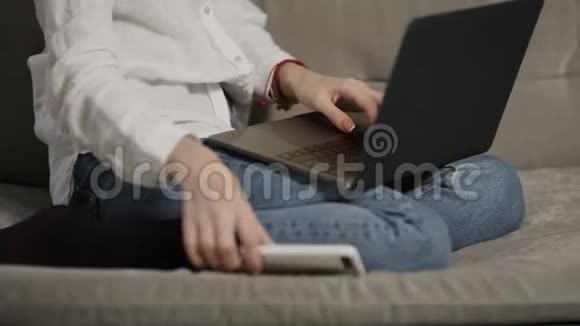 商务小姐在家沙发上打电话快乐的女人在电脑上工作视频的预览图