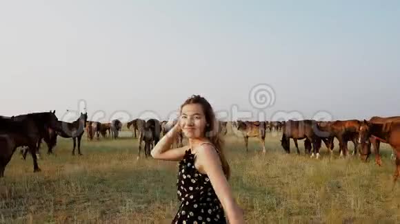 快乐的小女孩在田野与牧马群在夏天视频的预览图