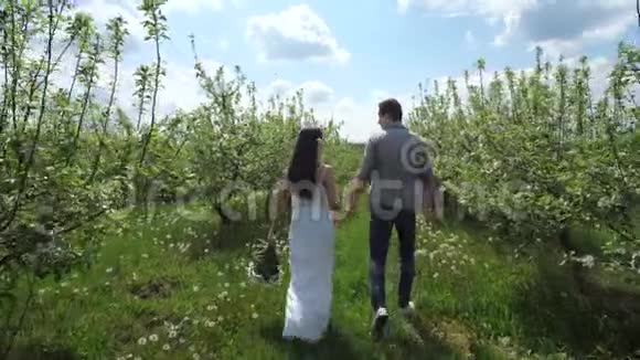 幸福的一对夫妇手牵手在树间散步视频的预览图