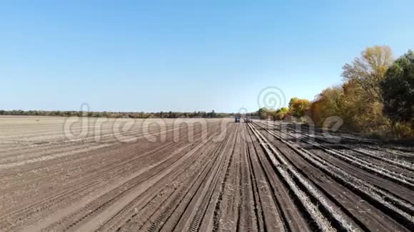 农场温暖的秋日马铃薯作物耕土收获土豆后土豆采摘机挖掘和视频的预览图