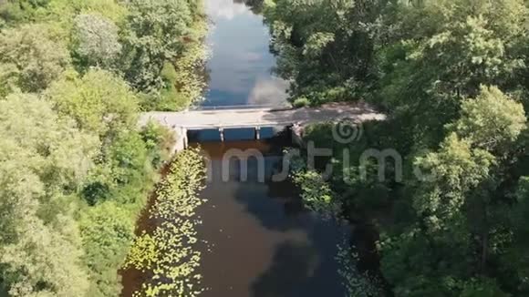 从鸟的眼睛看美丽风景空中河景无人机在城市公园的小桥上飞行特鲁哈诺夫岛DD视频的预览图