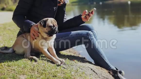 女孩和一只狗坐在公园里在湖边抚摸用电话看新闻交流视频的预览图