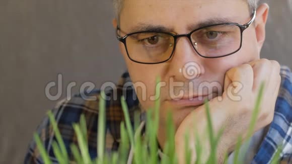 特写一个戴着眼镜的中年男子靠在他的手上看着嫩绿的小草视频的预览图