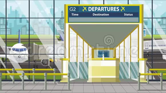 机场候机楼离港板在大门上方上面有休斯顿的文字前往美国可循环卡通视频的预览图