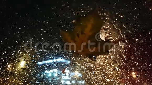 夜城秋雨建筑物的夜间照明雨点落在玻璃上汽车挡风玻璃上的枫叶视频的预览图