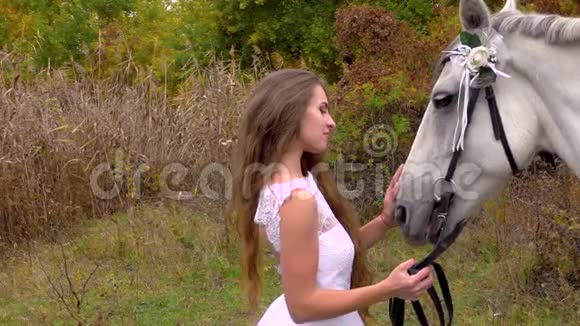 穿白色婚纱的年轻女孩抚摸着马关门视频的预览图