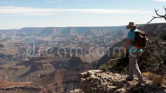 徒步旅行者活跃的女人走在大峡谷悬崖的边缘手臂视频的预览图