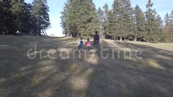 母亲带着两个女儿在大自然中徒步旅行视频的预览图