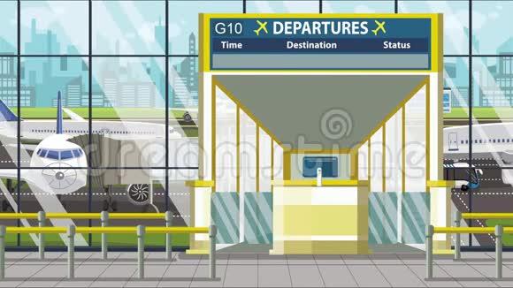 机场候机楼离境板上方有圣地亚哥文字前往美国可循环卡通视频的预览图