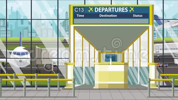 机场起飞板与纽约市标题旅行在美国相关的可循环卡通动画视频的预览图