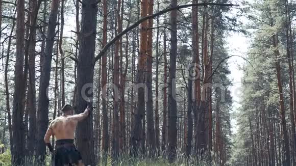 一个野蛮的大战士爬上树看到一个敌人朝他跑去视频的预览图