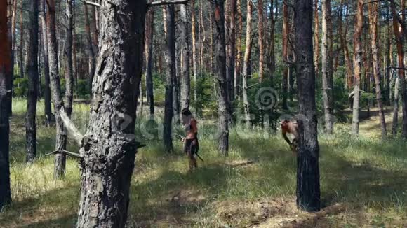 一个野蛮的大个子男人在树林间追逐一个女人4K视频的预览图