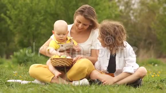 家庭野餐妈妈有两个儿子小孩检查复活节彩蛋视频的预览图