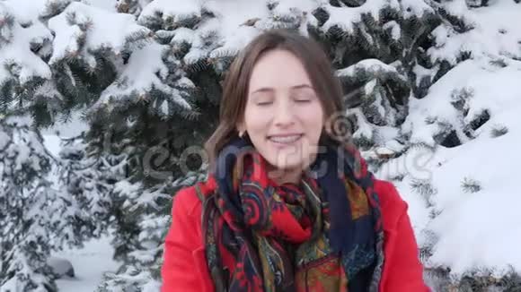 这段视频讲述的是一个年轻的白人女孩的肖像她穿着红色外套在冬天直视镜头摆姿势视频的预览图
