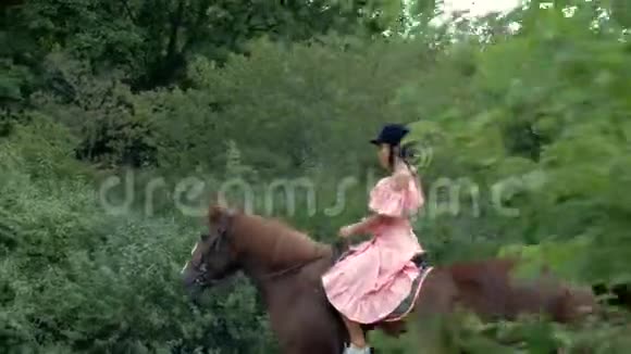 戴着防护头盔和粉红色连衣裙的年轻女孩骑着一匹棕色的马在树木和树叶的背景上4k4k视频视频的预览图