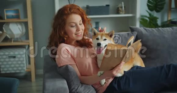 快乐的年轻女人喜欢看书抚摸着坐在沙发上的可爱小狗视频的预览图