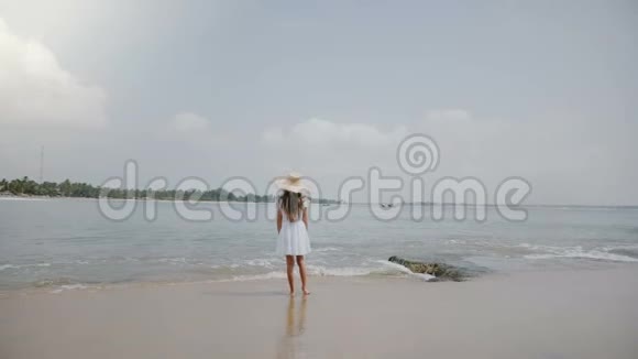 电影背景拍摄快乐的小女孩68岁戴着草帽在异国情调的海洋海滩观看史诗般的风景视频的预览图