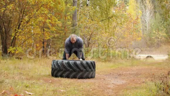 一个大个子健美运动员在地上翻过轮胎并把它移动在秋天的森林里户外训练视频的预览图