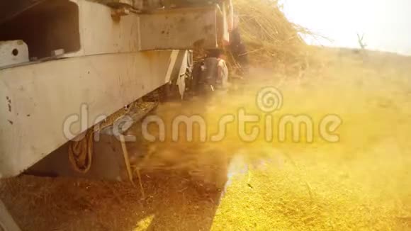 稻草收割机把一小块茎一大堆干草和农民在农业沙漠后面劳作视频的预览图