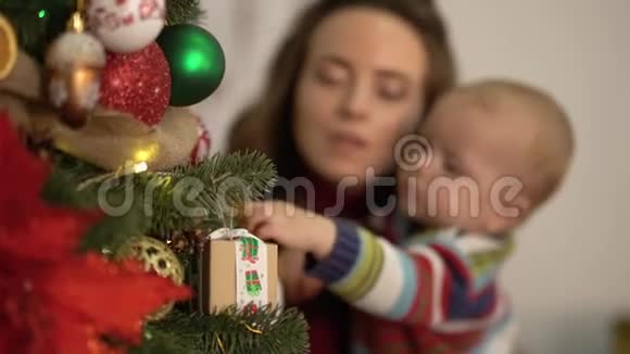 妈妈爸爸和小宝宝装饰新年树特写女子抱着孩子靠近杉树露出明亮视频的预览图