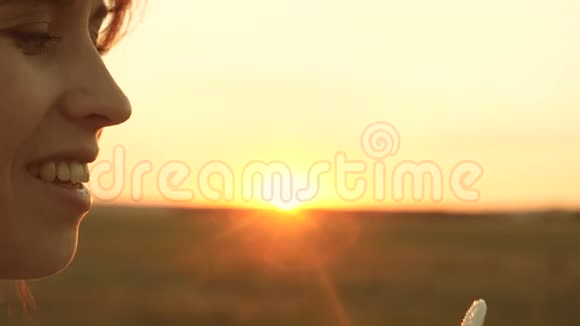 一个年轻女人的嘴唇在美丽的阳光下吹泡泡快乐的女孩在公园里吹着美丽的肥皂泡视频的预览图