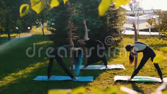 年轻人在公园里做瑜伽弯着腰视频的预览图
