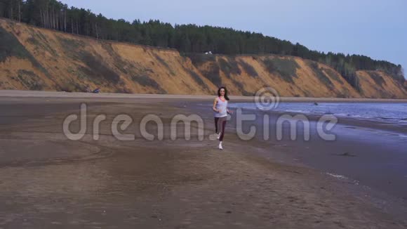 夏天的早晨一个穿着运动服的瘦小的黑发少女沿着沙滩奔跑但狗的小狗却养着视频的预览图
