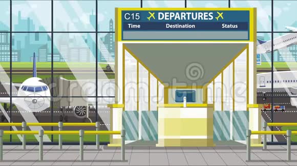机场航站楼的离港板上有莫斯科字幕前往俄罗斯循环卡通动画视频的预览图