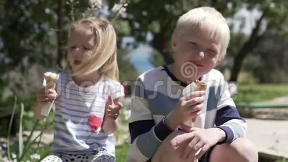 哥哥姐姐在炎热的夏天在公园里吃冰淇淋视频的预览图