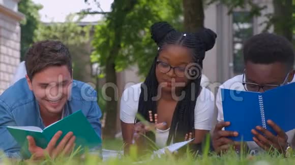 城市公园里的许多少数民族学生躺在草地上拿着笔记本视频的预览图