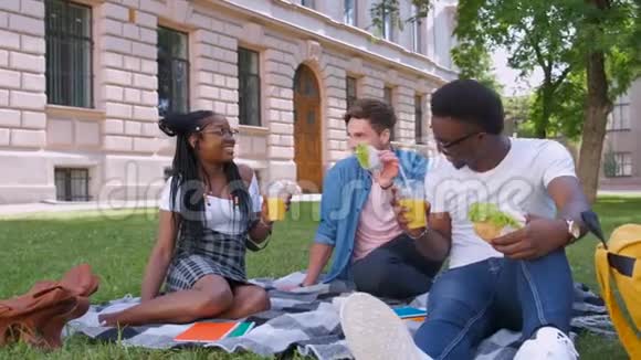 多种族的学生带着汉堡包在公园里放松视频的预览图