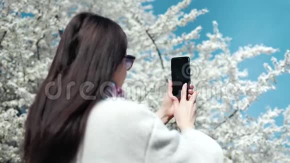 漂亮的黑发女人用智能手机拍下了美丽的樱花树视频的预览图