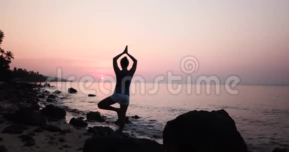 空中静海海岸瑜伽站立式女子剪影视频的预览图