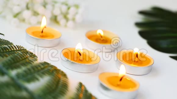 五支燃烧的蜡烛小花束和白色背景上的绿叶放松和芳香疗法的概念电影院视频的预览图