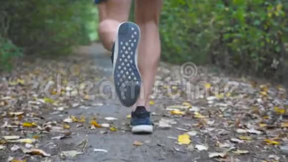 在初秋的森林里一个运动的人沿着小径奔跑年轻运动员的男足沿着小路快速冲刺视频的预览图