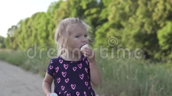 日落时分在公园里吃冰淇淋的小女孩视频的预览图