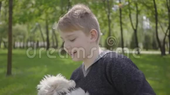 肖像可爱可爱的小男孩抱着一只白色的毛茸茸的狗在美丽的绿色公园里视频的预览图