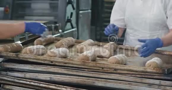 两个专业的面包师准备把生面团转移到烤箱盘子里在烤箱里烤面包食物视频的预览图