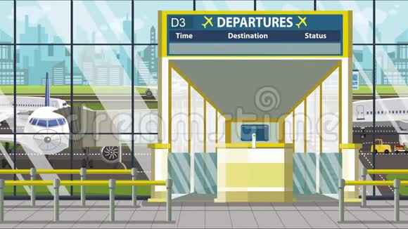 乘坐机场起飞航班飞往明尼阿波利斯美国卡通动画循环之旅视频的预览图