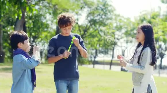 亚洲和高加索儿童在公园玩耍视频的预览图