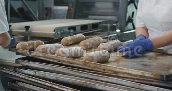 面包业食品厂的详细情况在厨房面包师成型面团烘焙面包在烤箱机器视频的预览图