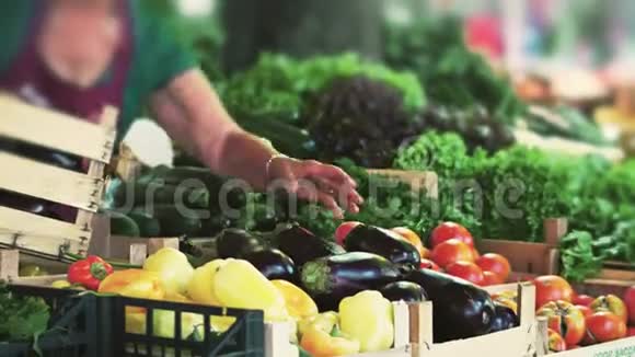 当地农贸市场的蔬菜和调料摊视频的预览图