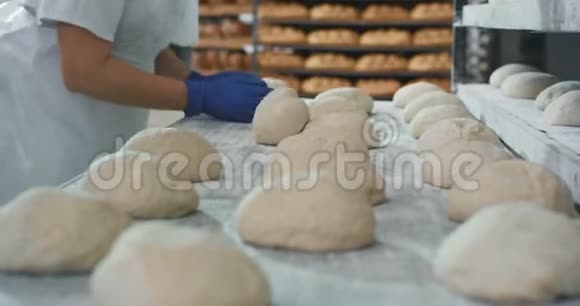 在一个大的烘焙行业专业的面包师一起制作面团在工业中烘焙面包视频的预览图