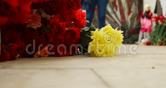 在战争中阵亡士兵的坟墓附近地板上有鲜花视频的预览图