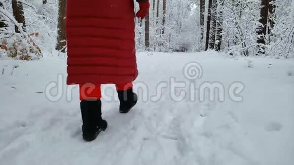 在冬季度假胜地附近的白雪覆盖的森林中慢慢行走的人后景视频的预览图