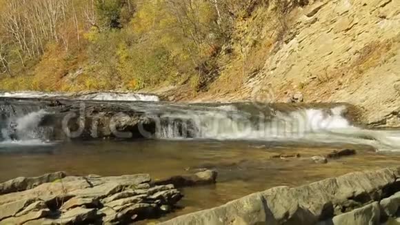 低矮的瀑布和一条带溪流的山河映衬着秋山视频的预览图