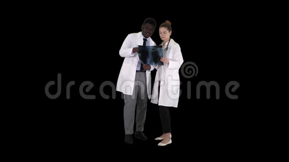 年轻的女医生和美国法新郎医生在看肺的x射线照片阿尔法频道视频的预览图
