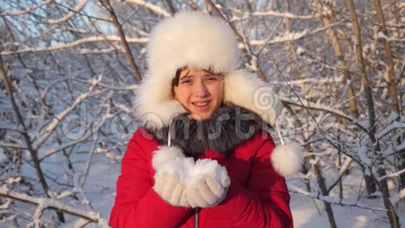 小女孩从手里吹起雪花在冬天的公园里被夕阳照亮特写镜头快乐女孩吹雪花视频的预览图