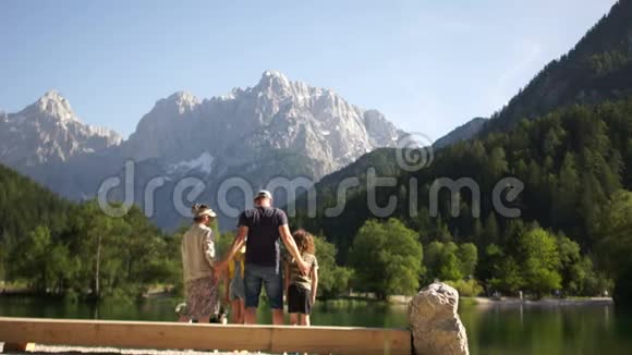 一家人在湖边的山上度假玩得很开心玩得很开心爸爸妈妈拥抱他们的女儿和儿子视频的预览图