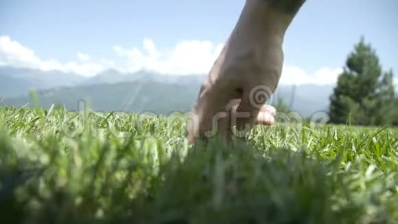 男性的手或手指行走从侧面离子绿色的草对第一蓝天云和山视频的预览图